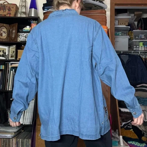 90s Adrian Delafield Embroidered Denim Button-Up Shirt Blouse Leaves Fall Fairy - Picture 6 of 14